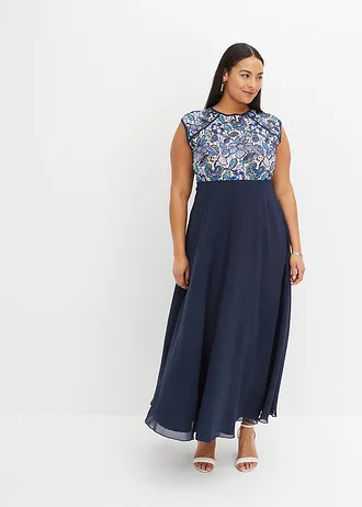 Midi jurk met kant, Kleur: donkerblauw gebloemd