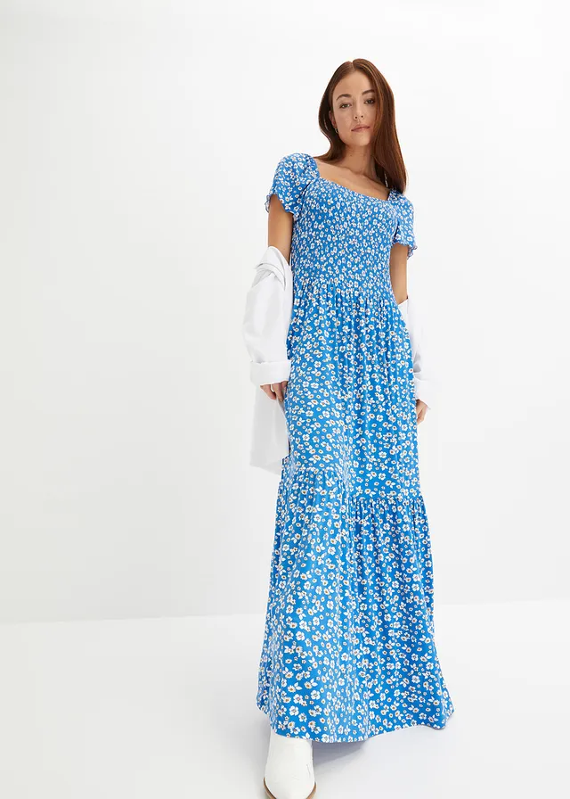 Rochie maxi din material cu viscoză, culoare: albastru-ecru floral