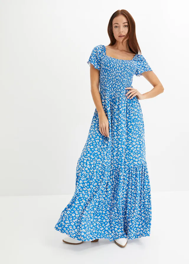 Robe longue en viscose extensible, Couleur: bleu-écru floral