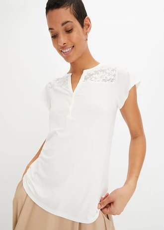 Henley shirt in een viscosemix, Kleur: wolwit