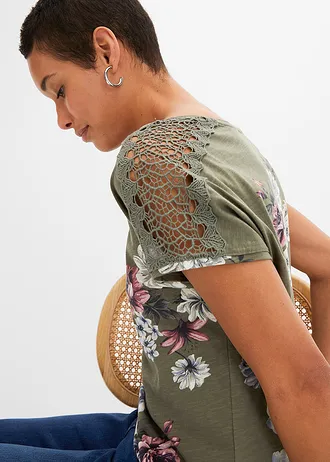 Triko s potiskem a krajkou • olivová s květy • bonprix obchod