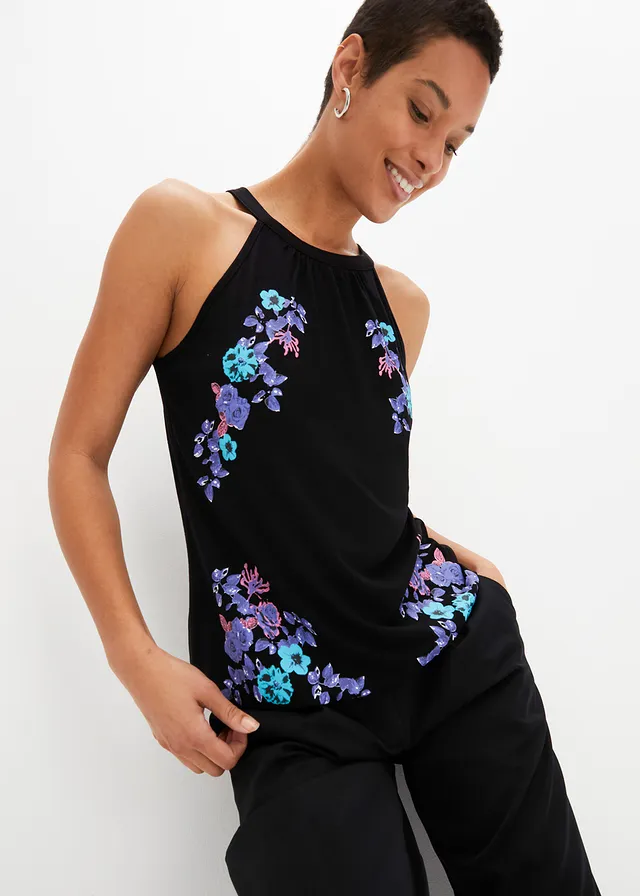 Top fluide en viscose extensible, Couleur: noir imprimé