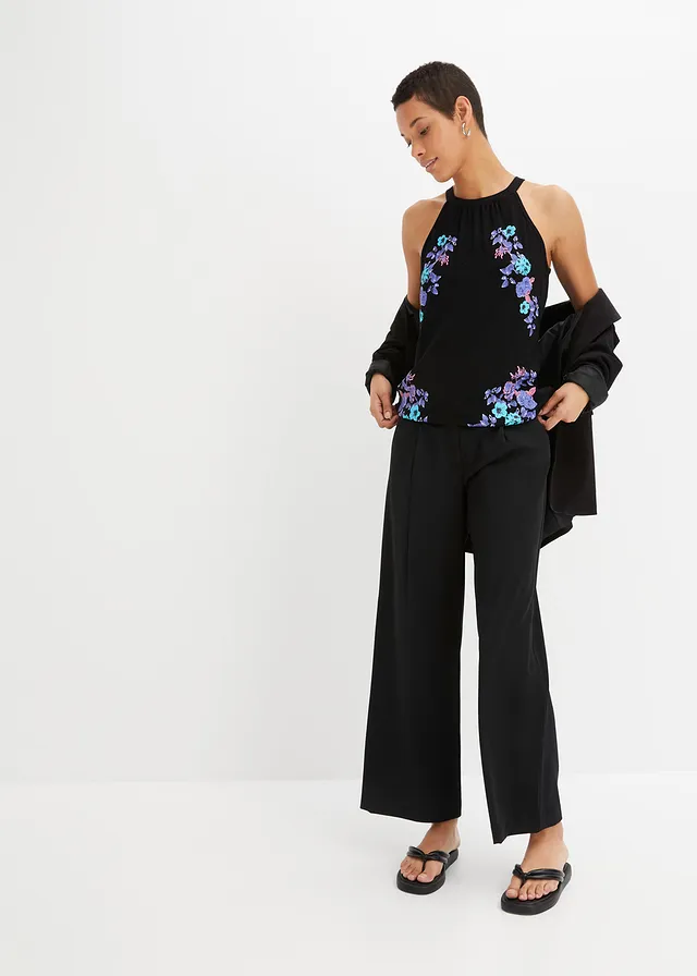 Top fluide en viscose extensible, Couleur: noir imprimé