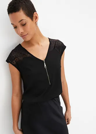 Shirt met kant, Kleur: zwart