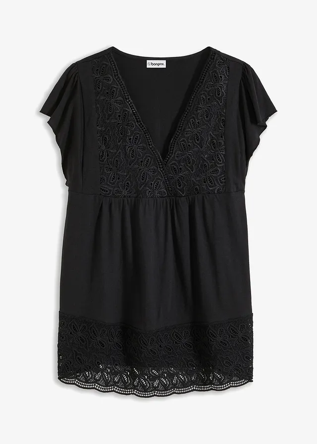 T-shirt avec décolleté en dentelle, Couleur: noir