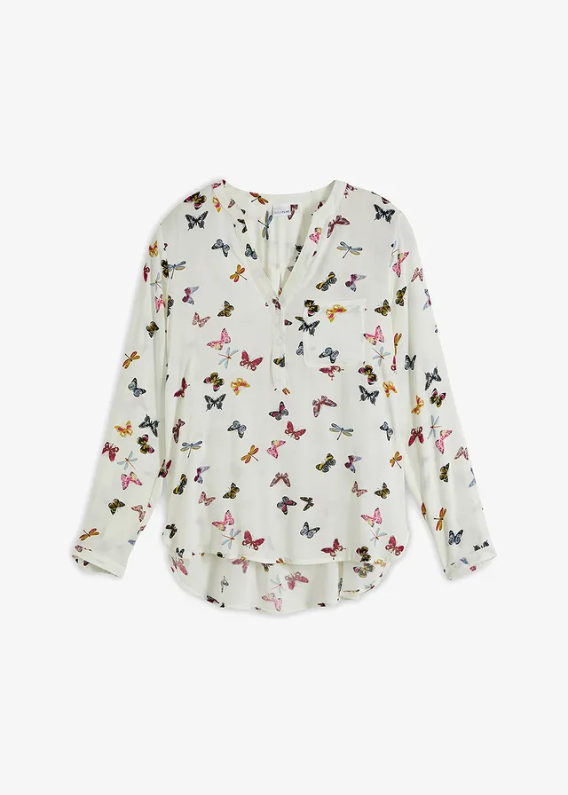 Blouse van soepele viscose, Kleur: wolwit met vlinders