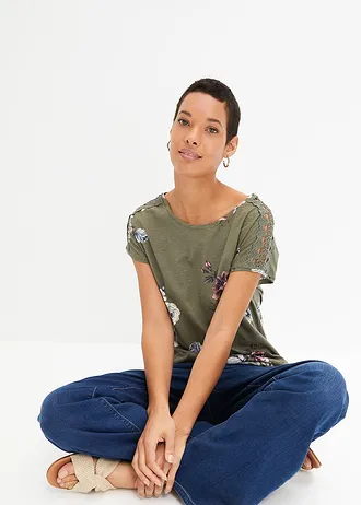 Triko s potiskem a krajkou • olivová s květy • bonprix obchod