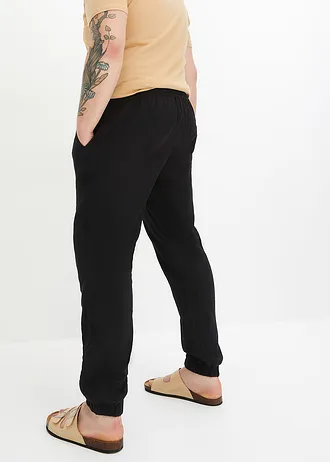 Mušelínové kalhoty bez zapínání, z čisté bavlny, Regular Fit, Tapered, barva: černá