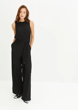 Jersey jumpsuit van gestructureerde crêpe • zwart • bonprix online shop