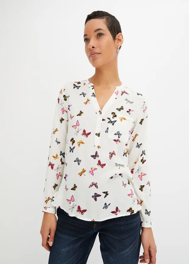 Blouse ample en viscose fluide, Couleur: écru papillons