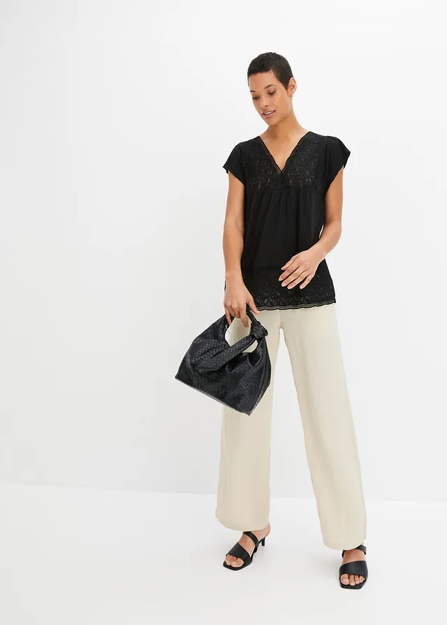 T-shirt avec décolleté en dentelle, Couleur: noir