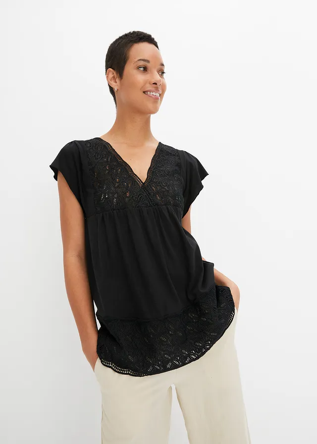 T-shirt avec décolleté en dentelle, Couleur: noir