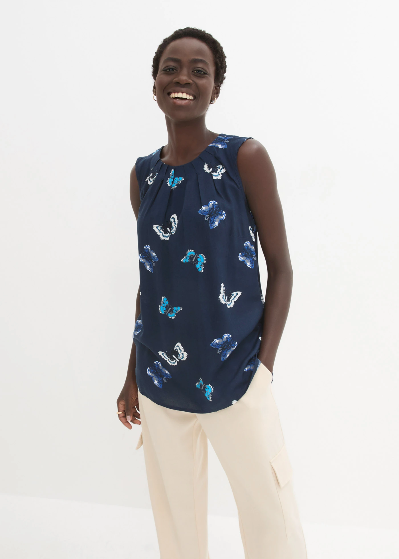 Blouse sans manches en viscose fluide • bleu foncé imprimé • Boutique bonprix