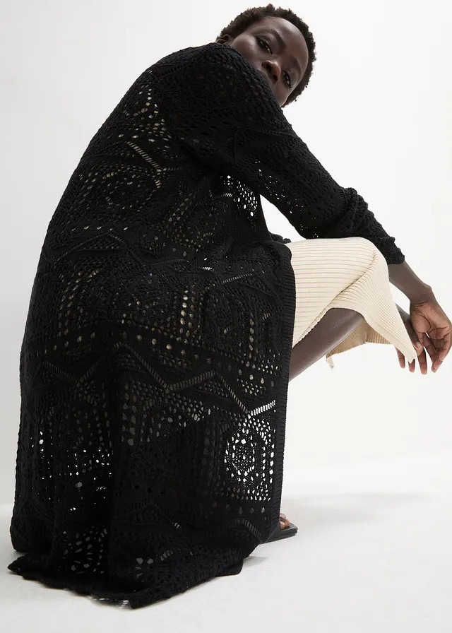 Gilet long en maille ajourée • noir • product-page.page-title-suffix