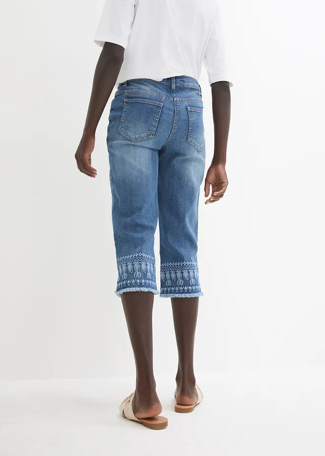 Pantacourt jean avec broderies, Couleur: bleu bleached