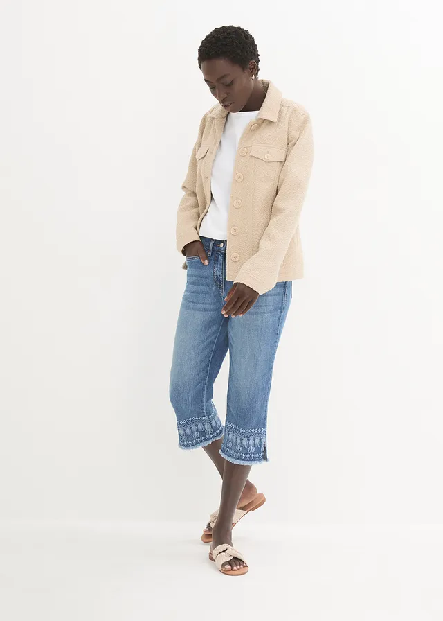 Pantacourt jean avec broderies, Couleur: bleu bleached