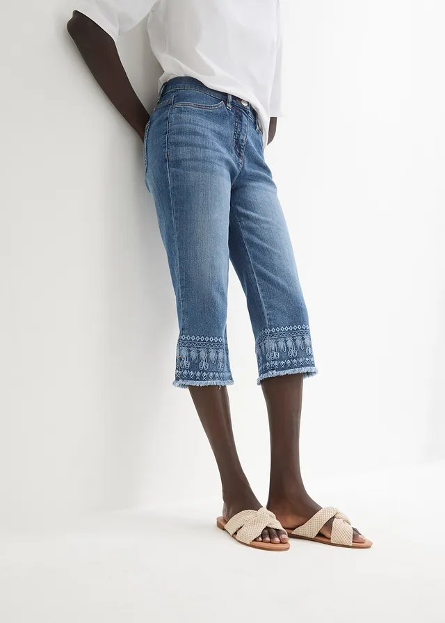 Pantacourt jean avec broderies, Couleur: bleu bleached