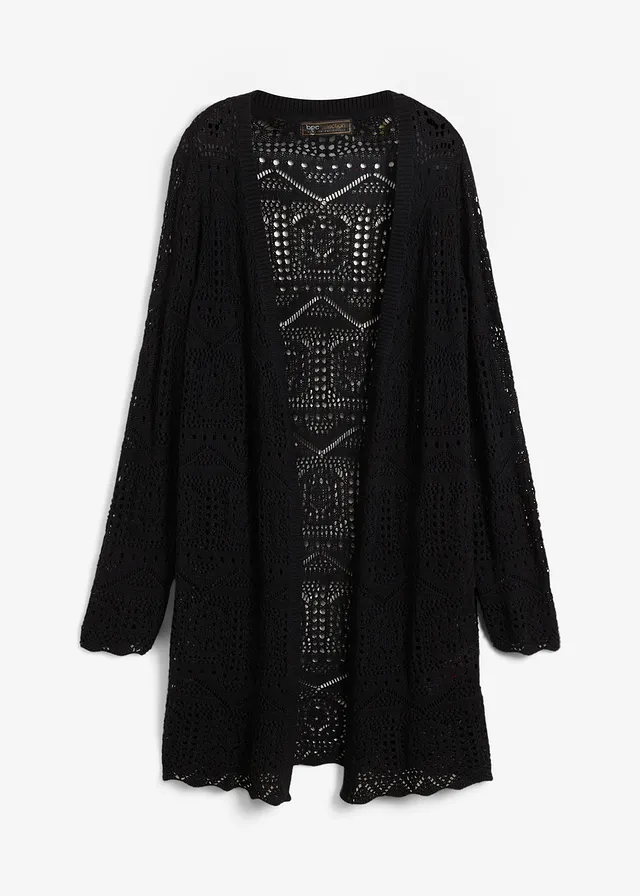 Gilet long en maille ajourée, Couleur: noir