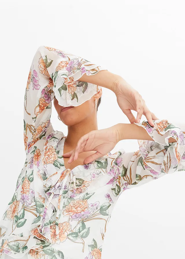 Bluză din șifon cu volane • alb floral • magazin bonprix