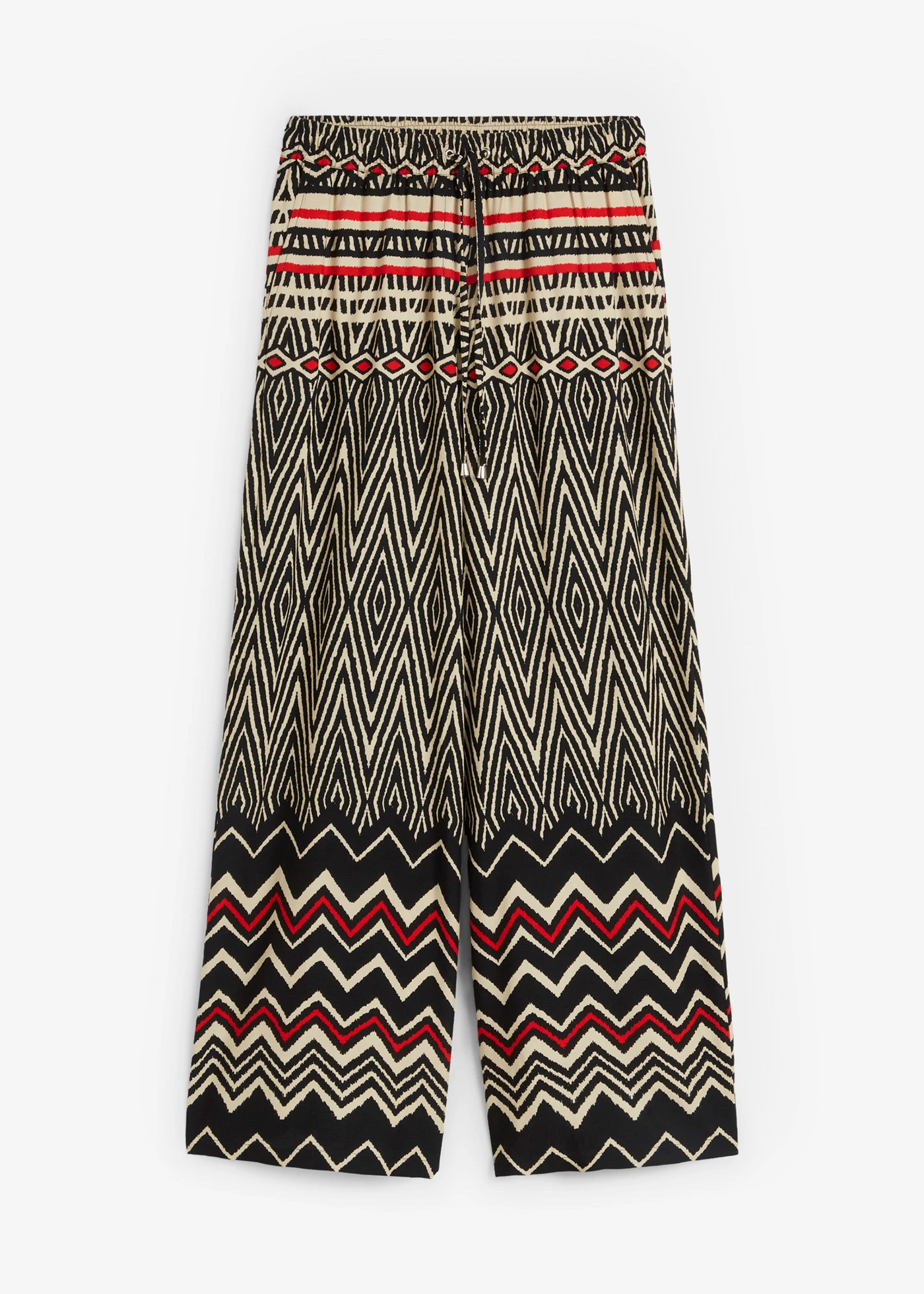 Kalhoty Marlene ze splývavé viskózy • černo-písková s grafickým potiskem • bonprix obchod