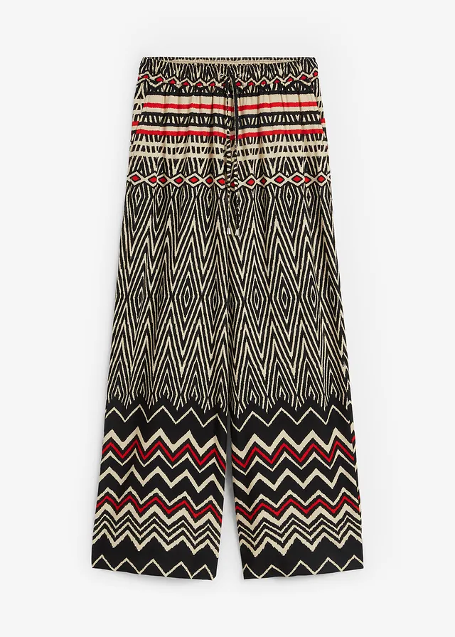 Kalhoty Marlene ze splývavé viskózy • černo-písková s grafickým potiskem • bonprix obchod