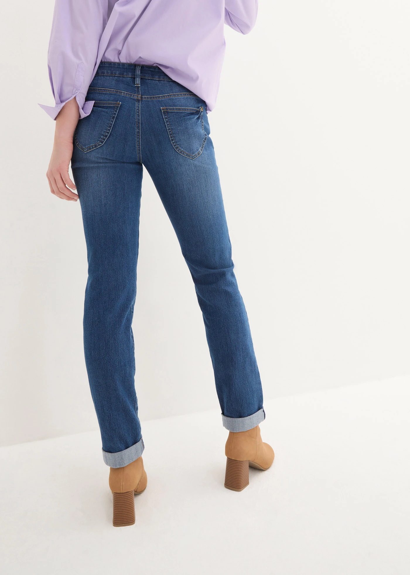 Straight sztreccsfarmer, High Waist • kék denim, használt hatású • bonprix áruház