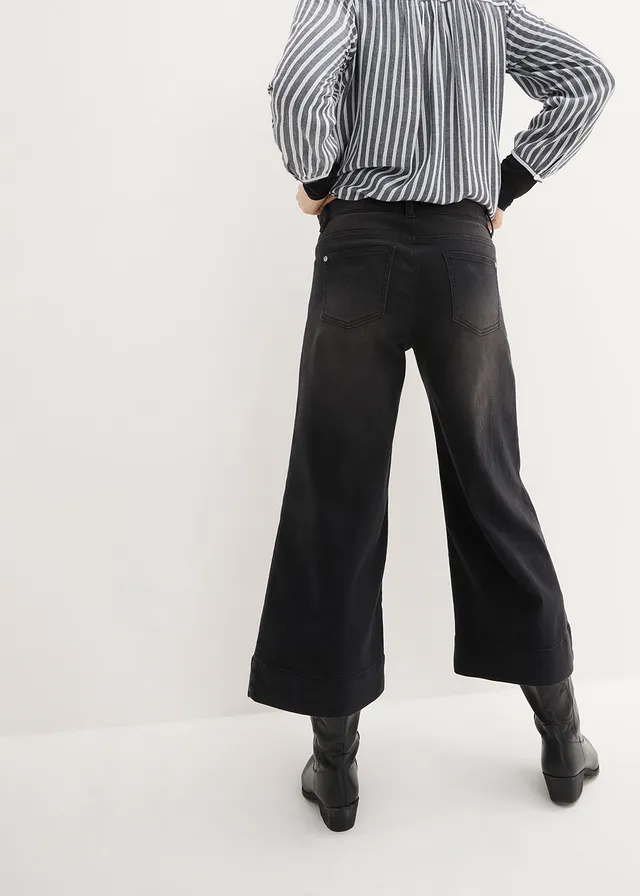 Jupe-culotte en jean ultra-doux, Couleur: noir denim used