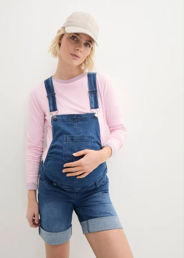 Salopette-short de grossesse en jean, Couleur: bleu denim