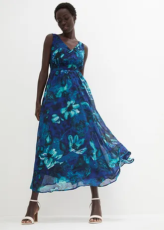 Robe longue en mousseline, Couleur: bleu floral