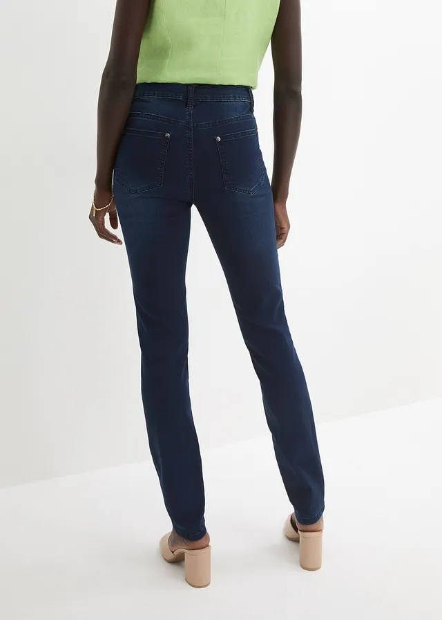 Jean skinny taille mi-haute, extensible, Couleur: bleu foncé denim