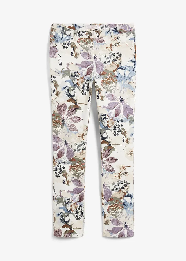 Stretchbroek met bloemenprint, Kleur: ecru gebloemd