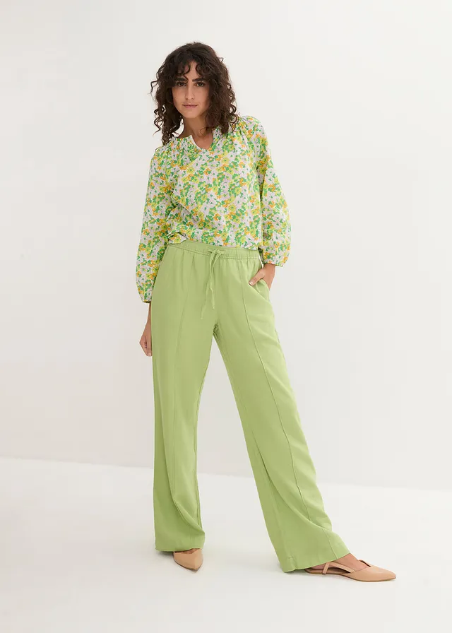 Pantalon palazzo léger en lin et viscose, Couleur: vert poire