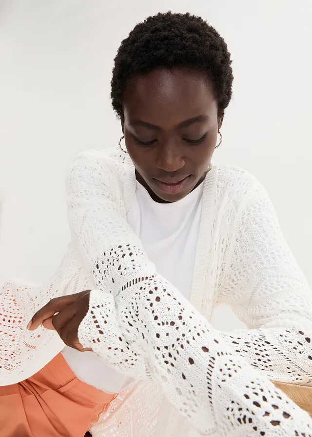 Gilet long en maille ajourée • écru • product-page.page-title-suffix