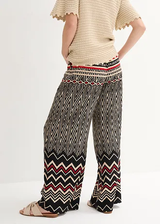 Kalhoty Marlene ze splývavé viskózy • černo-písková s grafickým potiskem • bonprix obchod