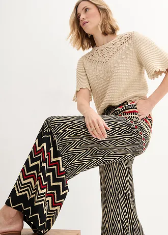 Kalhoty Marlene ze splývavé viskózy • černo-písková s grafickým potiskem • bonprix obchod