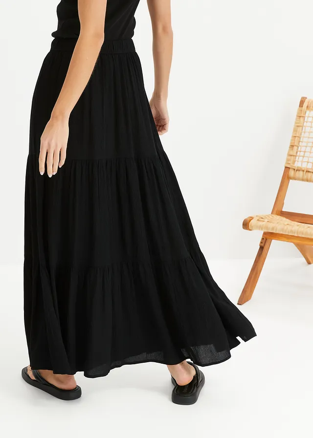 Jupe longue étagée en viscose texturée, Couleur: noir