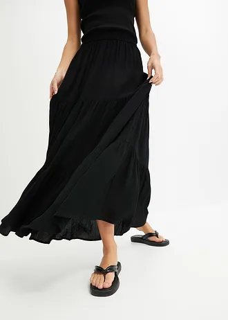 Maxi strokenrok van viscose met structuur, Kleur: zwart