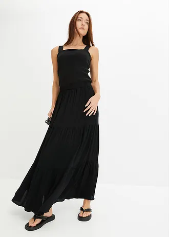 Jupe longue étagée en viscose texturée • noir • Boutique bonprix