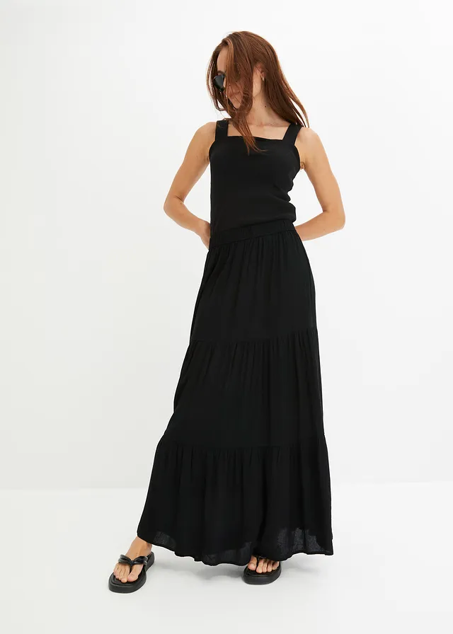 Maxi strokenrok van viscose met structuur, Kleur: zwart