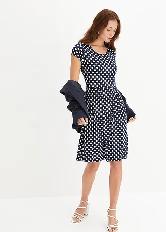 Robe en jersey viscose extensible, Couleur: bleu foncé pois écru