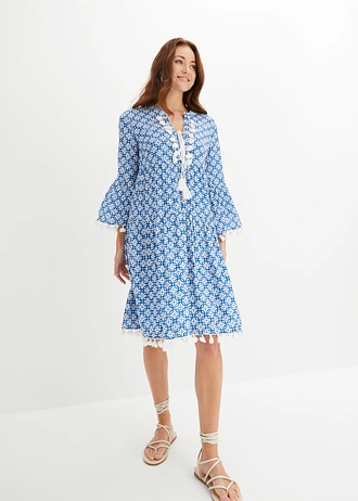 Rochie-tunică din viscoză moale, culoare: albastru/ecru cu imprimeu