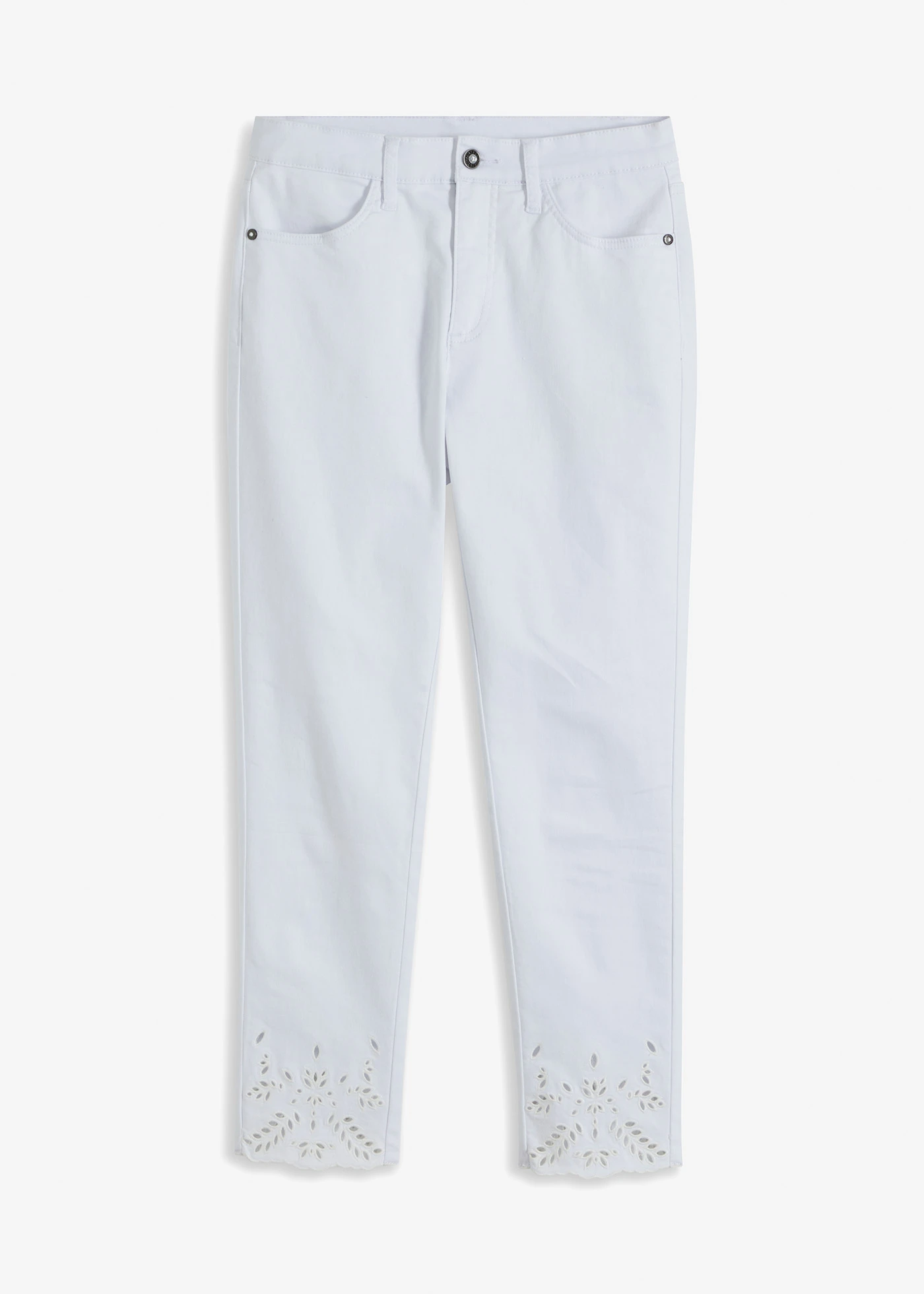 Stretch broek met broderie anglaise • wit • bonprix online shop