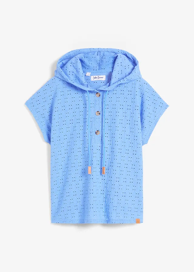 T-shirt col Henley à capuche, Couleur: bleu moyen