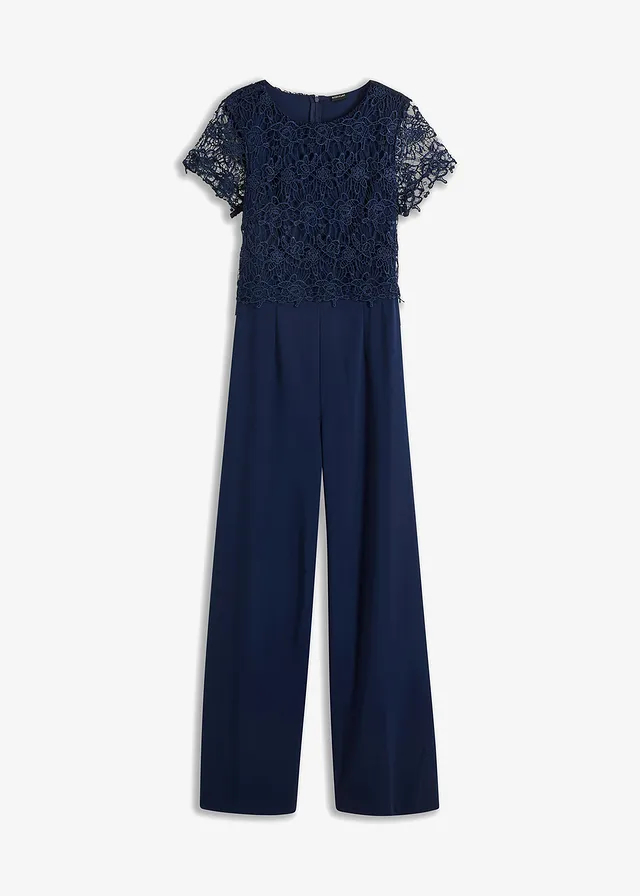 Jumpsuit van zacht scuba met kant • donkerblauw • bonprix online shop