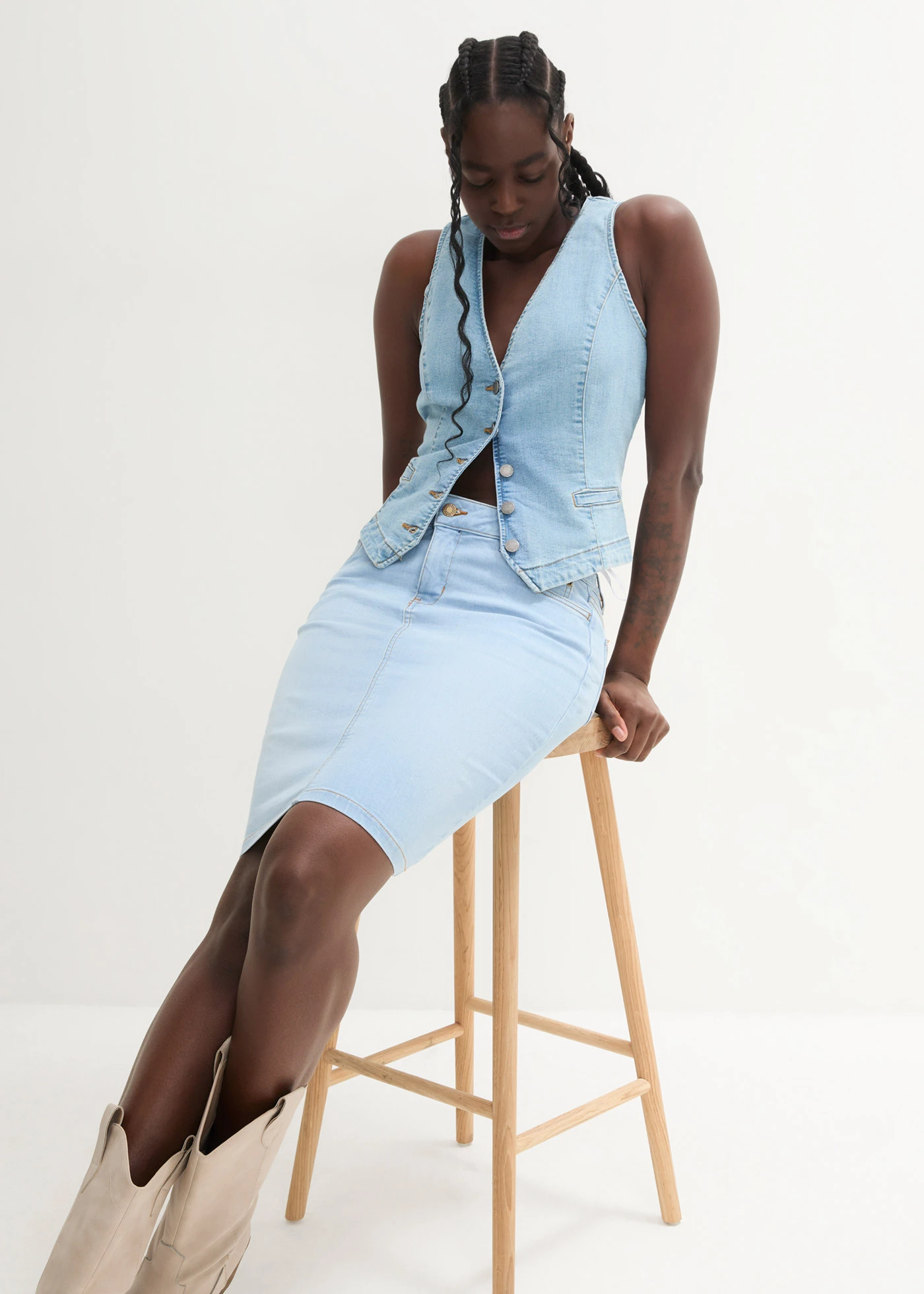 Jupe en jean extensible • bleu glacier denim used • Boutique bonprix