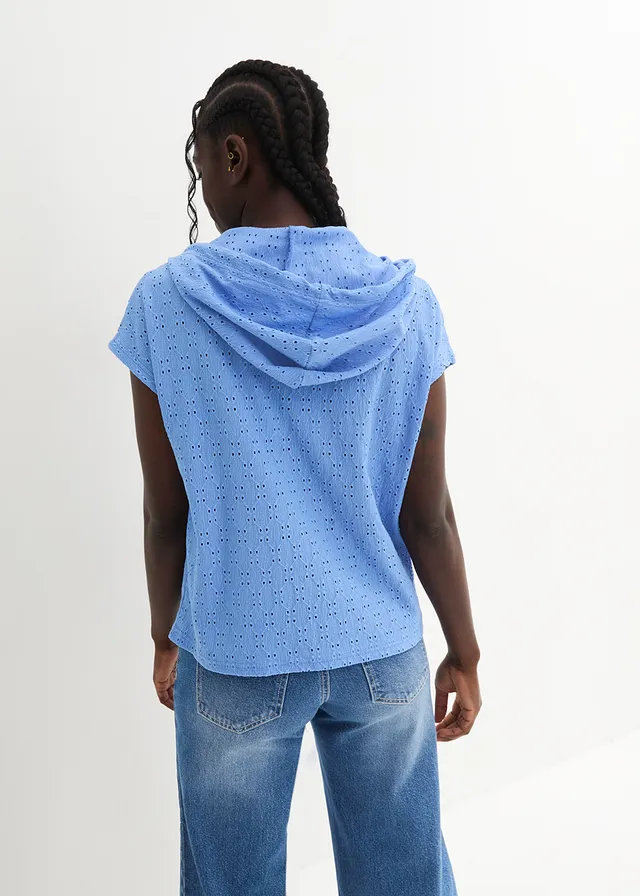 T-shirt col Henley à capuche, Couleur: bleu moyen