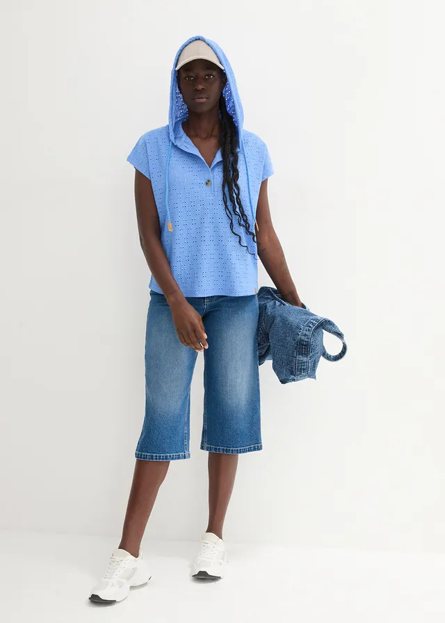 T-shirt col Henley à capuche, Couleur: bleu moyen