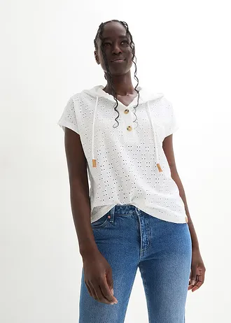 Henley shirt met capuchon, Kleur: wit