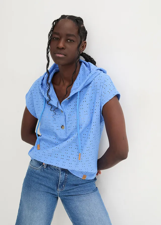 T-shirt col Henley à capuche, Couleur: bleu moyen