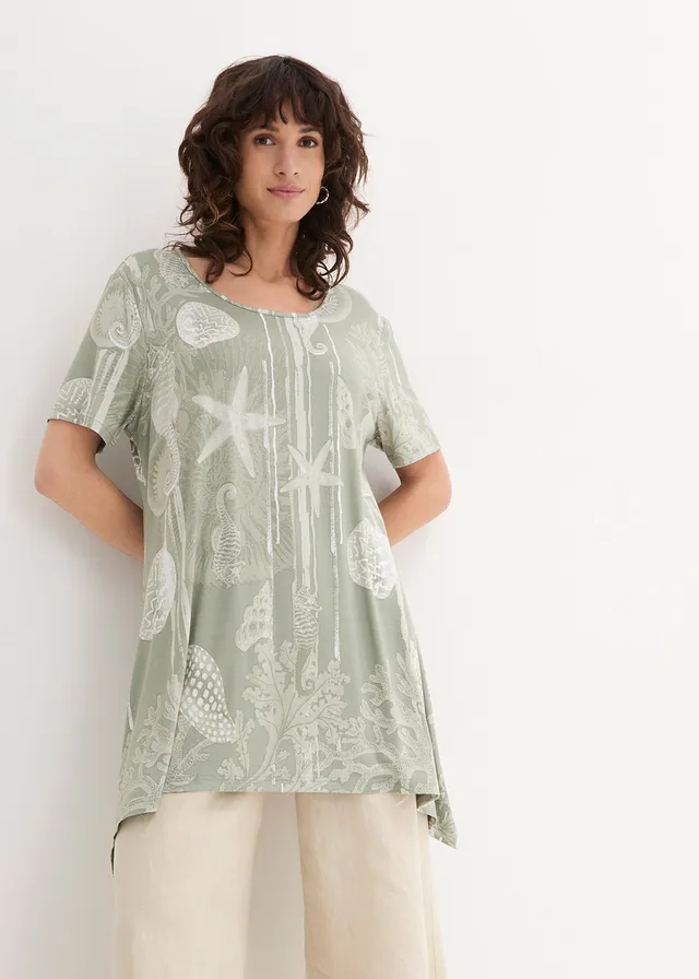 T-shirt long en viscose extensible, Couleur: gris vert/blanc